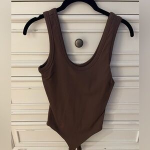 Nuuds Ribbed Scoop Tank Bodysuit in Coffee - Small